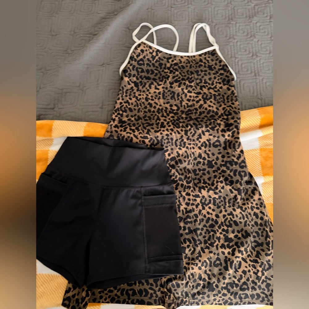 Leopard Print Tennis Dress with Black Ball Shorts